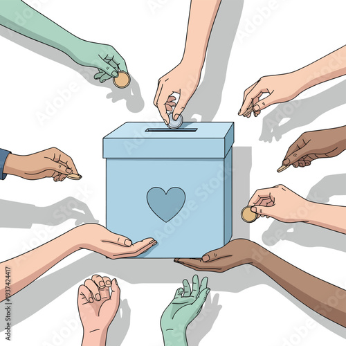 Hands Donating Coins to Charity Box.