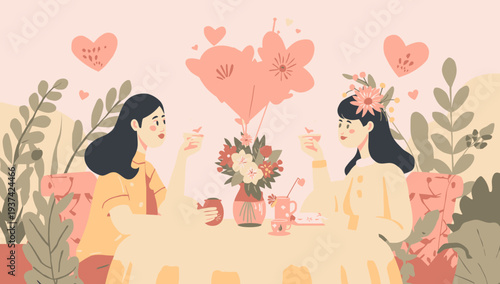 Two women having a lovely tea party together surrounded by flowers and hearts.