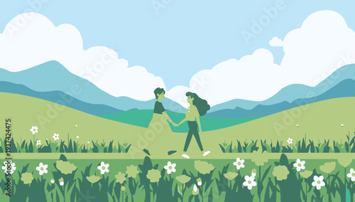 Couple walking hand in hand in a serene meadow with flowers and mountains.