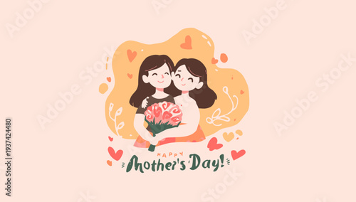 Happy Mother's Day illustration with mother and daughter embracing.