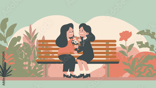 Two women sitting on a park bench with a dog.