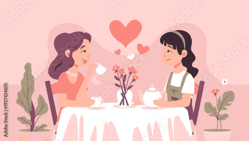 Two women enjoying a romantic tea party together at a beautifully set table.