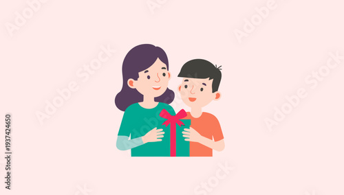 Mother giving gift to her happy son on Mother's Day.