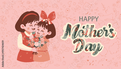 Happy Mother's Day illustration of mother and daughter hugging.