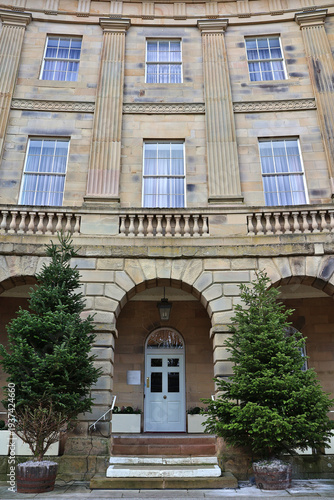 Buxton Crescent historic Georgian spa building in Peak District, Derbyshire, England; iconic architecture and spa town landmark in market town Buxton, UK