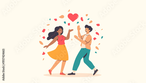 Couple Dancing Together with Heart and Confetti.
