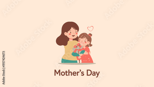 Happy Mother's Day illustration of mother and daughter embracing.