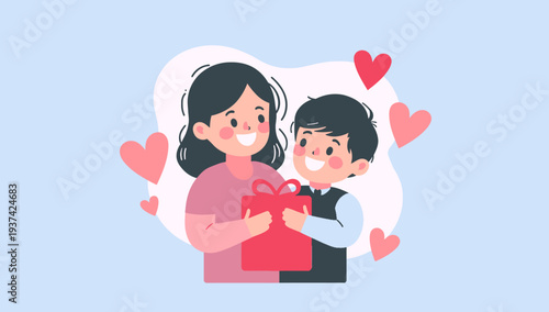 Cartoon couple exchanging a red gift on Valentine's Day.