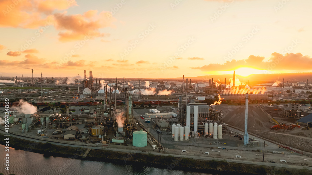 Fototapeta premium Aerial view of an oil refinery complex with distillation towers and processing units during sunset