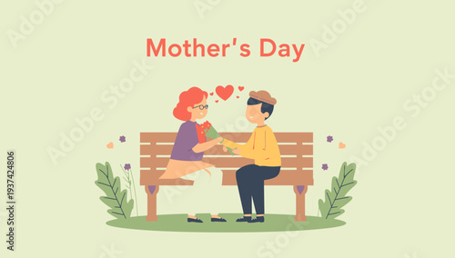 Cartoon illustration of a man giving a gift to a woman on a bench.