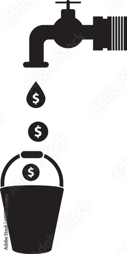 Dripping faucet with money falling into bucket illustration