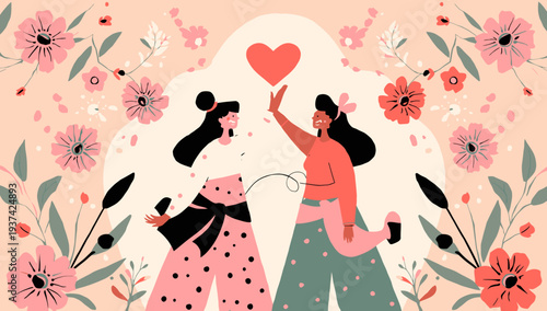 Two women exchanging a heart surrounded by flowers.