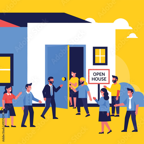 People Gathering Outside House with Open House Sign.