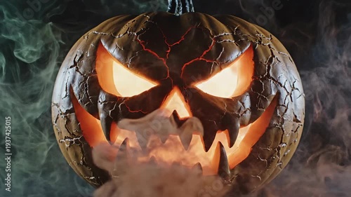 A creepy, cracked pumpkin with a menacing grin, shrouded in ghostly, colored smoke for a spooky Halloween vibe