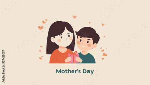 Mother's Day illustration with cartoon mother and child.