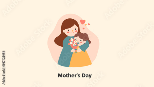 Happy Mother's Day illustration of mother and child embracing.