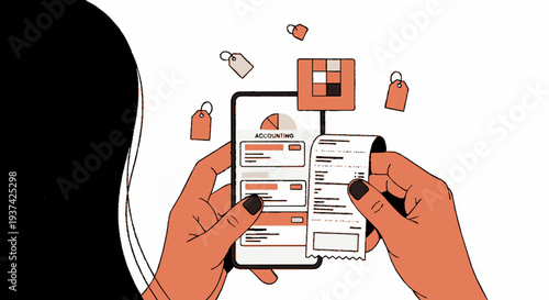 Person holding smartphone with e commerce interface shopping online with digital tags and icons surrounding the device