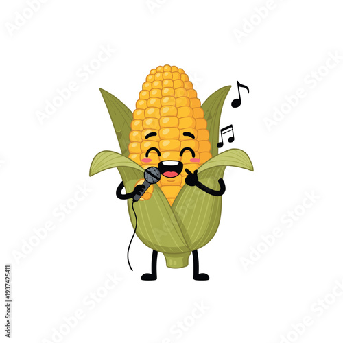 Cute singing corn on the cob cartoon vector illustration mascot.