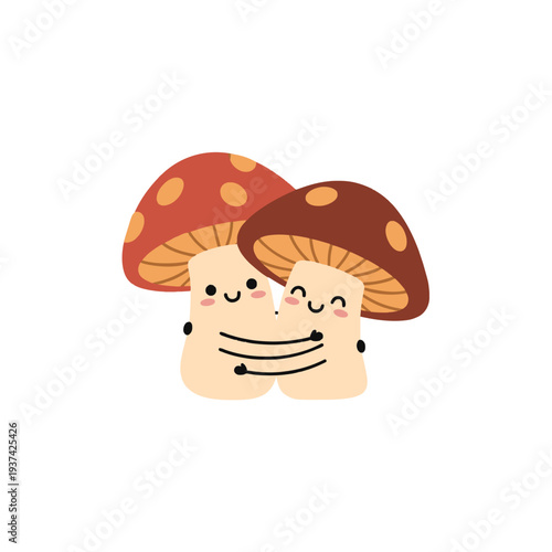 Bild auf Leinwand Cute hugging mushrooms cartoon vector illustration