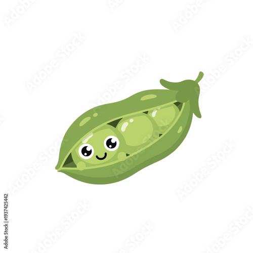 Cute green peas in pod cartoon vector illustration. Happy vegetable character isolated.
