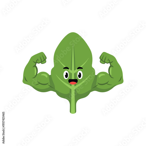 Strong spinach leaf cartoon vector illustration. Cute flexing muscle vegetable character.