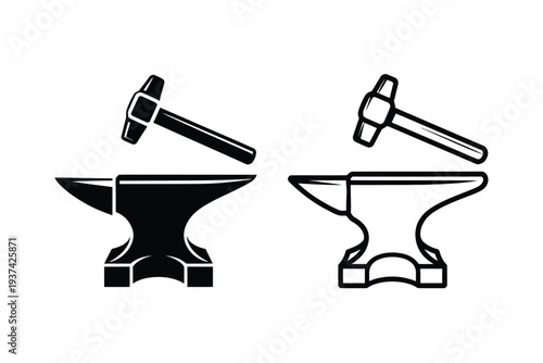 Black and white anvil and hammer icons, silhouettes, and line art illustrations side by side