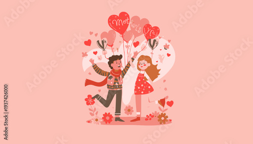Romantic Couple Celebrating Love with Heart Balloons.