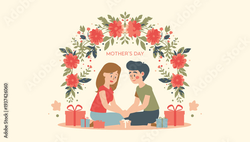 Mother's Day illustration with gift giving scene and floral wreath.