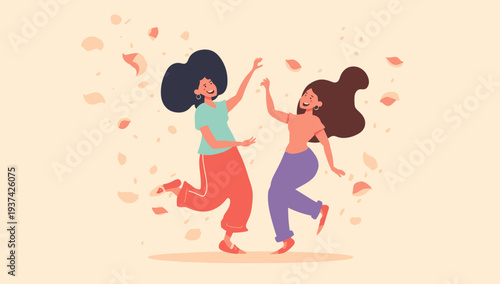 Two women dancing together happily with confetti.