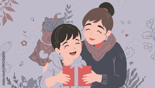 Mother and son sharing a tender moment with a gift.