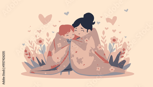 Mother and Child Embracing in a Field of Flowers.
