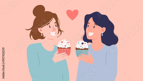 Two women sharing cupcakes and affection on a pink background.