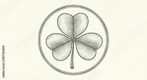 Three leaf clover symbol inside circular frame grayscale minimalist monochrome vegetation good luck charm