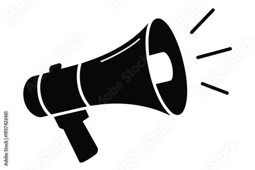 Black Megaphone Icon with White Lines on Solid White Background for Communication and Announcement