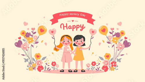 Happy Mother's Day illustration with cartoon girls and flowers.