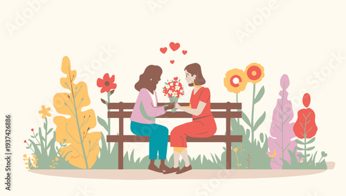 Two women sharing a romantic moment on a bench surrounded by flowers.