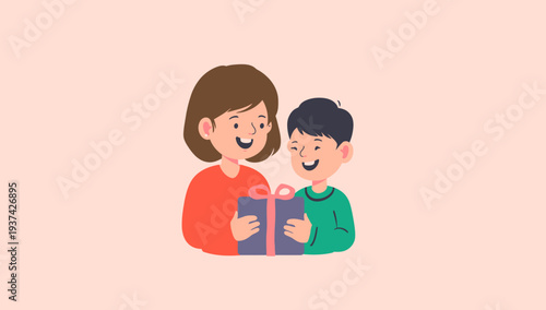 A mother and son happily exchanging gifts together.