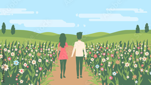 Couple Walking Hand in Hand Through a Field of Flowers.
