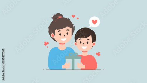Illustration of a mother and child exchanging a gift with love and affection.