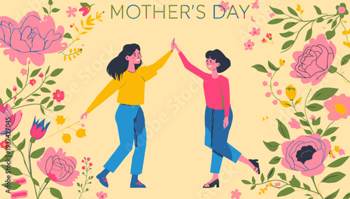 Happy Mother's Day Illustration with Women High Fiving Surrounded by Flowers.