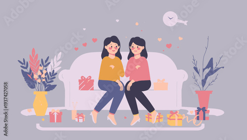 Two women sitting on a couch surrounded by gifts and flowers.