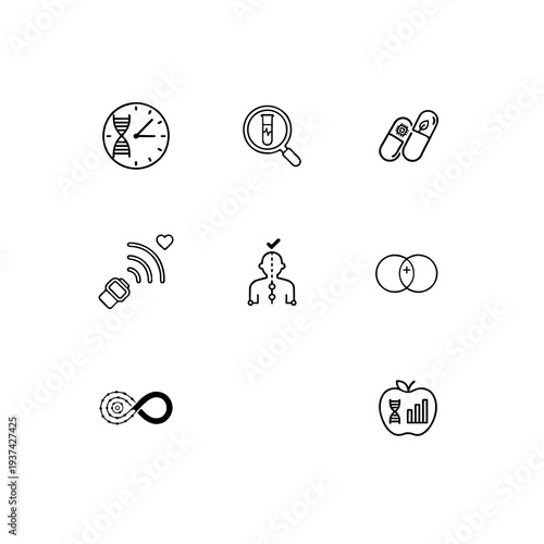 Predictive healthcare and longevity linear icon set, personalized medicine, biomarkers monitoring and preventive health vector symbols