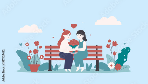 Couple sharing a romantic moment on a park bench surrounded by flowers.