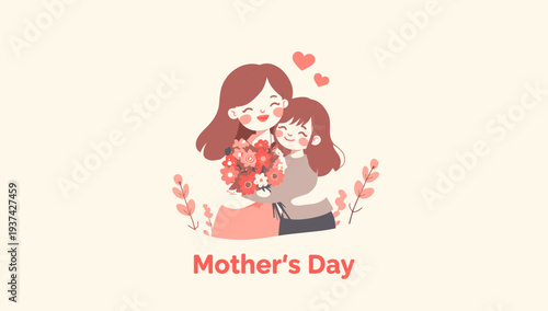 Happy Mother's Day illustration with mother and child embracing.