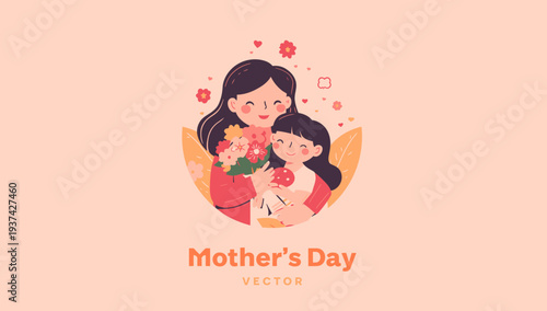 Mother's Day illustration with cartoon mother and child.