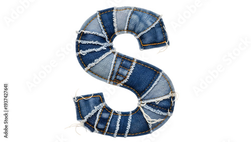 Letter S Denim Patchwork on Transparent Background