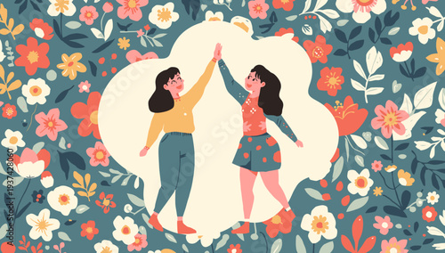 Two women high fiving surrounded by floral patterns.