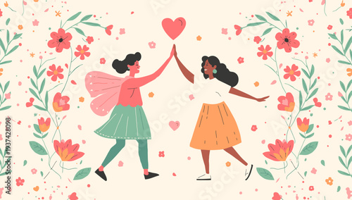 Two women holding a heart surrounded by flowers.