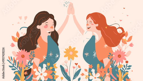 Two women in solidarity surrounded by vibrant flowers.