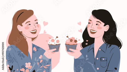 Two women sharing cupcakes and smiling at each other happily.